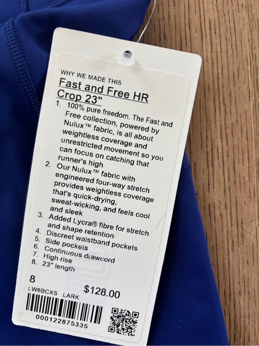 NWT Lululemon Fast and Free High Rise HR Crop 23”, Royal Blue